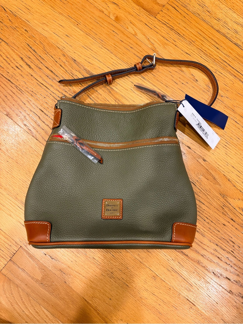 Dooney & Bourke Olive Green Pebbled Leather Crossbody with Tan Trim